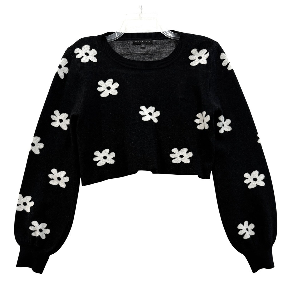 Blue Blush Daisy Floral Cropped Sweater Black White Balloon Sleeve Size Small